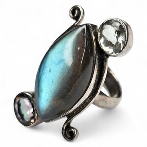 EJ Statement Ring Sterling Silver 925 Size 8.25 Labradorite Mystic Topaz Blue